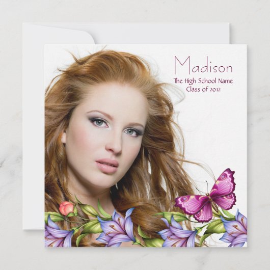 Meisjes Roze Vlinder Wildflowers Foto Afstuderen Kaart (Voorkant)