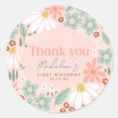 Meisjes Roze Wildflower Daisy 1e verjaardag gunst Ronde Sticker (Voorkant)
