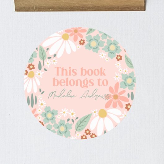 Meisjes Roze Wildflower Daisy School Bookplate Ronde Sticker