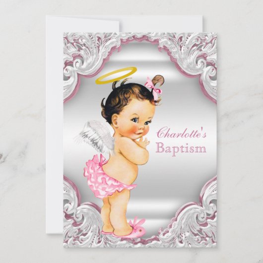 Meisjes Roze Witte Engel Meisje Baby Doop Kaart (Voorkant)