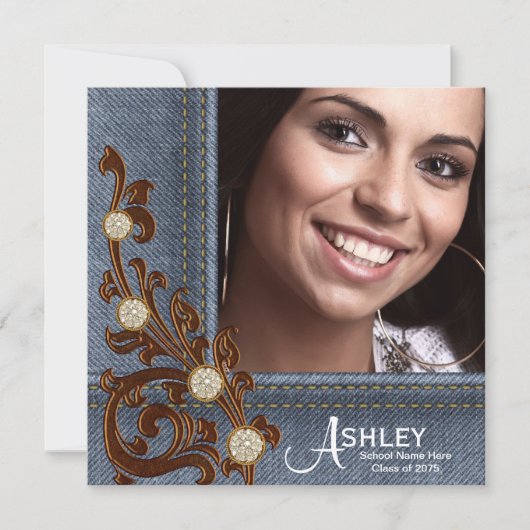 Meisjes Rustieke Land Denim Foto Afstuderen Aankondiging (Voorkant)