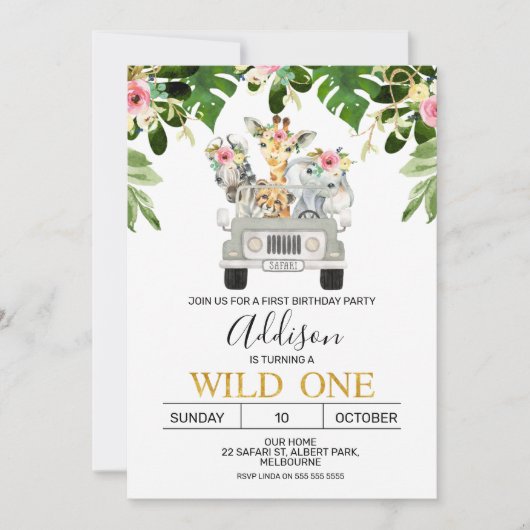 Meisjes Safari Wild Een verjaardag uitnodiging (Voorkant)