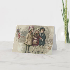 Meisjes schaatsen sneeuw bevroren vijver feestdagen kaart