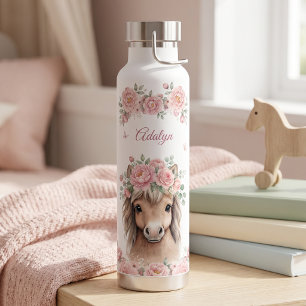 Meisjes Schattig Roze Bloem Paard Gepersonaliseerd Waterfles