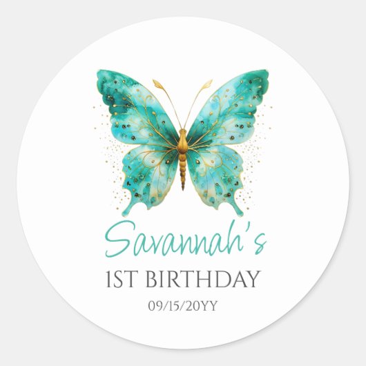 Meisjes Schattige Blauwgroen Groene Vlinder 1e Ver Ronde Sticker (Voorkant)