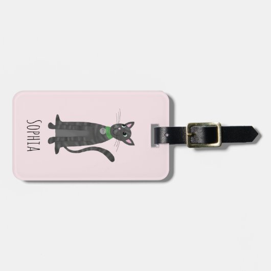 Meisjes Schattige Grijs Tabby Kitty Kat Naam Kinde Bagagelabel (Voorkant horizontaal)