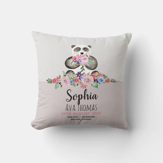 Meisjes Schattige Panda en Bloemen Geboorte Stats  Kussen (Voorkant)