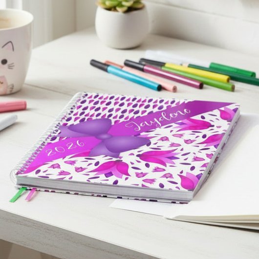 Meisjes Schattige roze paarse bloemen en boog Planner