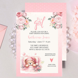 Meisjes Schattige Slapen Beer Bloemen Baby shower Kaart