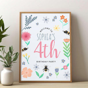 Meisjes Schattigee Bloemen Bijen Verjaardag Welkom Poster