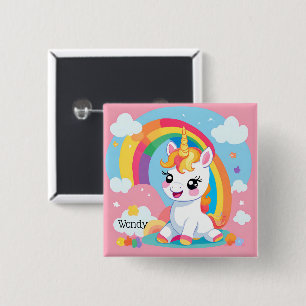 Meisje's Schattigee Eenhoorn Rainbow Aangepaste Na Vierkante Button 5,1 Cm