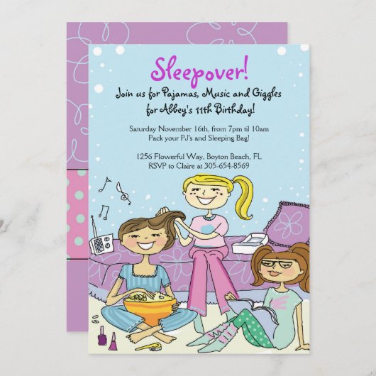 Meisjes Slapepover Gedekte uitnodiging van de Birt (Voorkant / Achterkant)