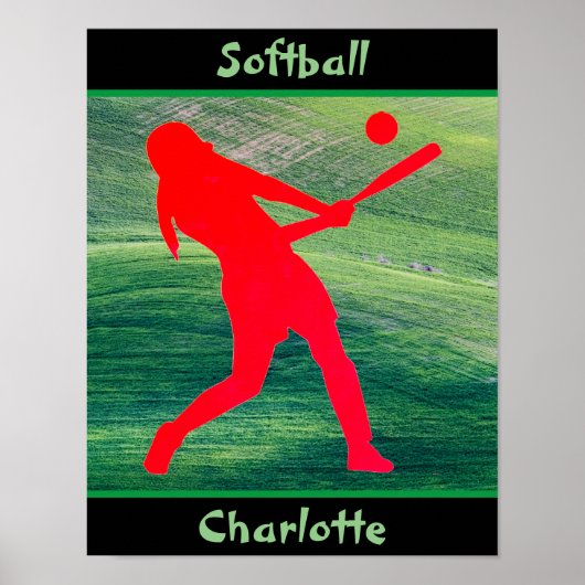 Meisjes Softball Batter op groen Poster (Voorkant)