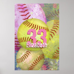 Meisjes Softball roze roze geel Poster