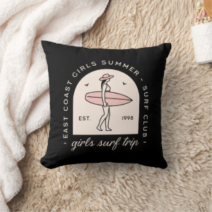 Meisjes surf trip surfen zomer retro zwart roze kussen