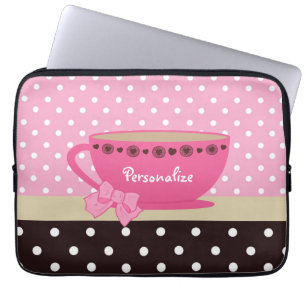 Meisjes Teacup Pink en Brown Polka Dot Bow en Name Laptop Sleeve
