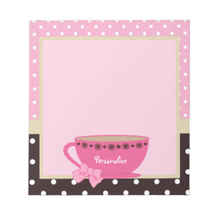 Meisjes Teacup Pink en Brown Polka Dot Bow en Name Notitieblok