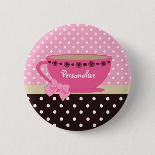 Meisjes Teacup Pink en Brown Polka Dot Bow en Name Ronde Button 5,7 Cm