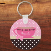 Meisjes Teacup Pink en Brown Polka Dot Bow en Name Sleutelhanger (Voorkant)