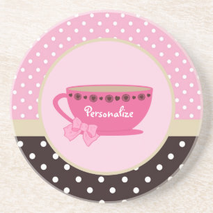 Meisjes Teacup Pink en Brown Polka Dot Bow en Name Zandsteen Onderzetter