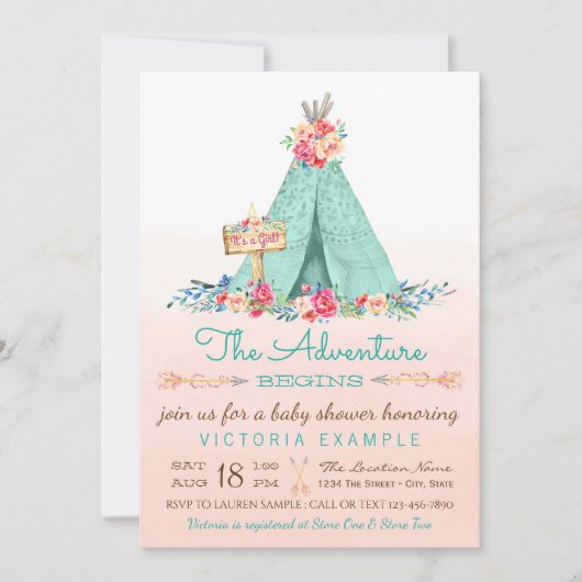 Meisjes TeePee Baby Douche Uitnodigingen (Voorkant)