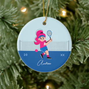 Meisjes Tennis Player roze haar Kind naam en jaar Keramisch Ornament