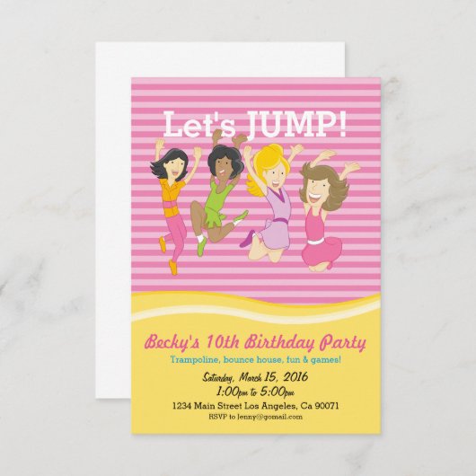 Meisjes Trampoline Verjaardag Uitnodiging (Voorkant / Achterkant)