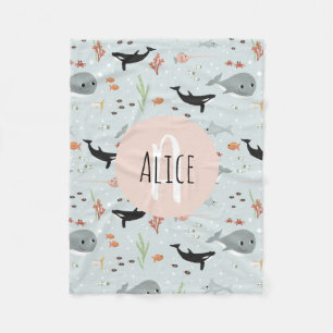 Meisjes Trendy Ocean Whale Pattern Monogram Kinder Fleece Deken
