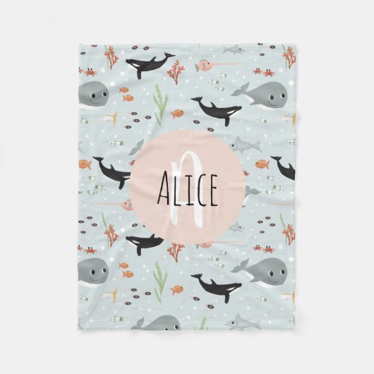 Meisjes Trendy Ocean Whale Pattern Monogram Kinder Fleece Deken (Voorkant)