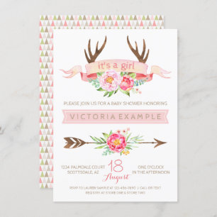 Meisjes Tribal Antler Bloemen Baby Douche Uitnodig Kaart