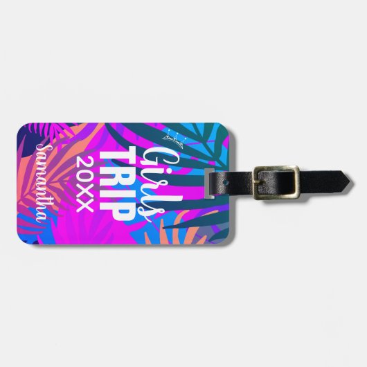 Meisjes Trip 20XX, Tropische kleurrijke bladeren Bagagelabel (Voorkant horizontaal)