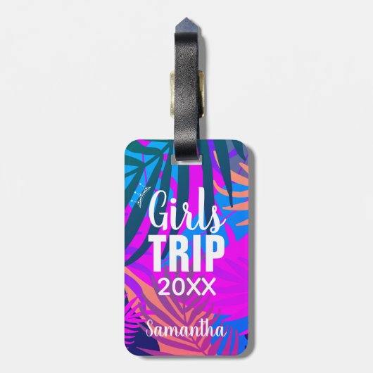Meisjes Trip 20XX, Tropische kleurrijke bladeren Bagagelabel (Achterkant verticaal)