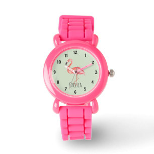 Meisjes Tropische Waterverf Flamingo en naam Kinde Horloge