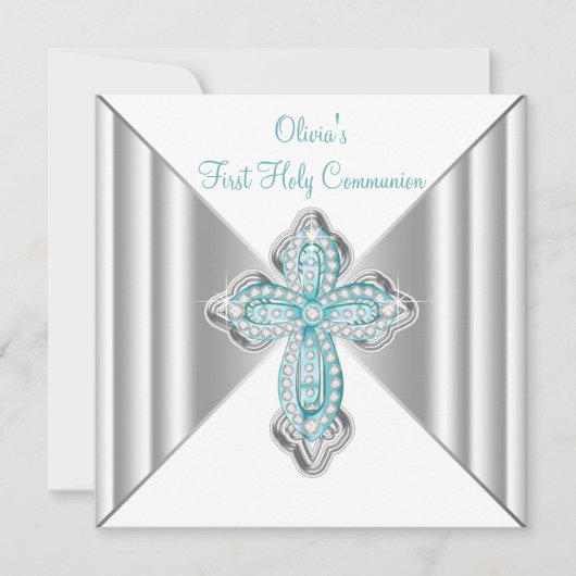 Meisjes Turquoise Eerste Communie Kaart (Voorkant)