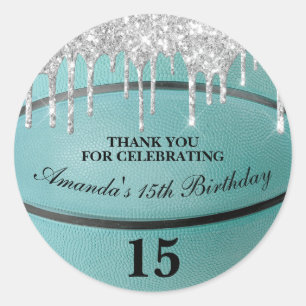Meisjes Turquoise Glitter Drip Basketbal Feest Fav Ronde Sticker