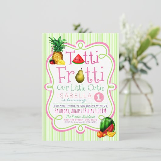 Meisjes Tutti Frutti verjaardagsfeestje uitnodigin Kaart (Staand voorkant)