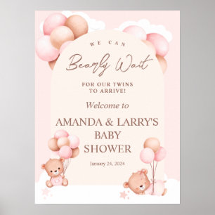 Meisjes Tweeling Teddybeer Baby Shower Welkom Poster