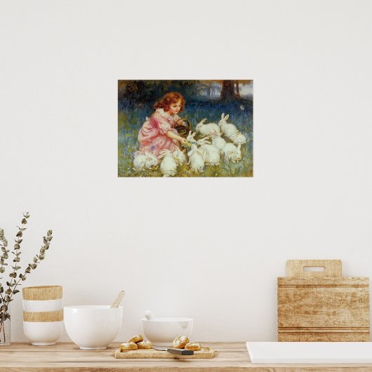 Meisjes voeden Witte konijnen Poster (Keuken)