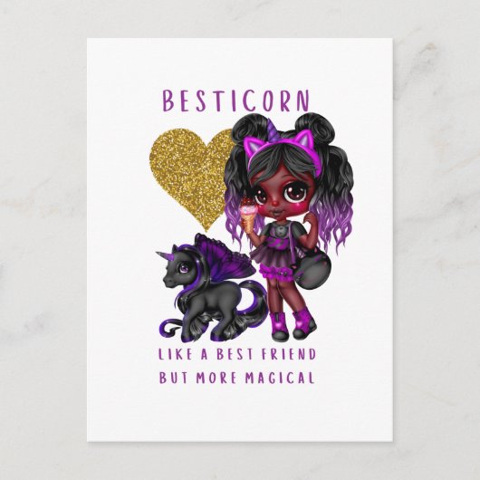 Meisjes Vriend Geschenk Zwarte Eenhoorn Besticorn Briefkaart (Voorkant)