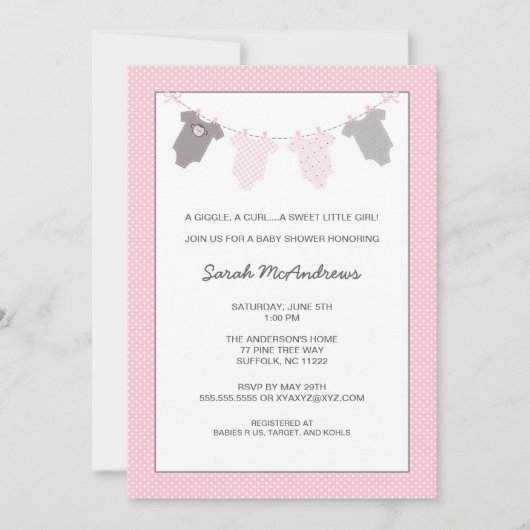 Meisjes waslijn baby shower uitnodiging Roze Grijs (Voorkant)