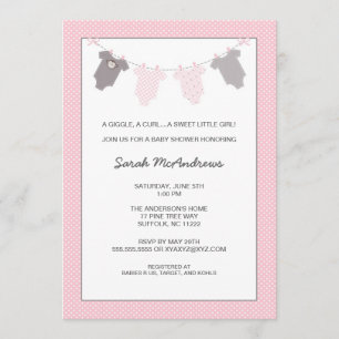 Meisjes waslijn baby shower uitnodiging Roze Grijs
