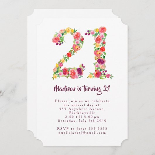 Meisjes Waterverf Bloemen 21ste Verjaardag Party V Kaart (Voorkant / Achterkant)