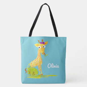 Meisjes Waterverf Giraffe Gepersonaliseerd Blauw D Draagtas