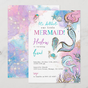 Meisjes Waterverf Mermaid Birthday Aankondiging