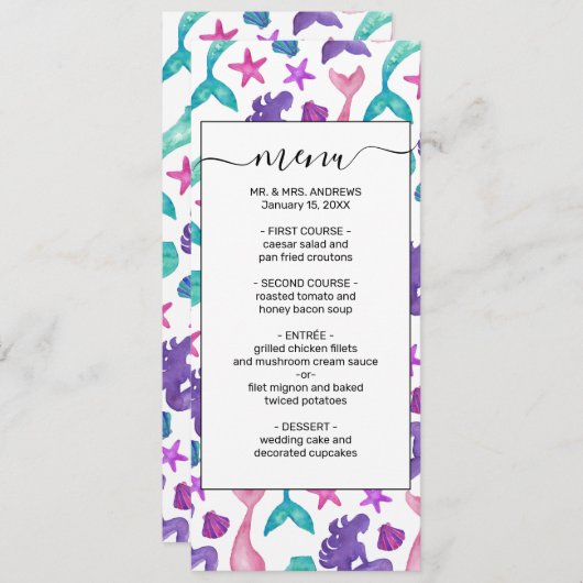 Meisjes Waterverf Mermaids Tales Seashells Patroon Menu (Voorkant / Achterkant)