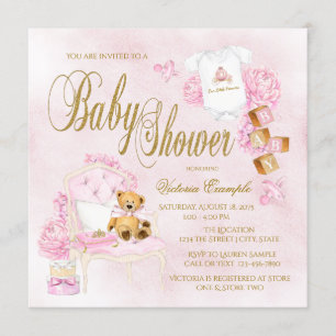 Meisjes Waterverf Roze Goud Baby Shower Uitnodigin Kaart