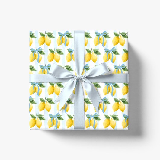 Meisjes Whimsical Blue Bow Lemon Amalfi Verjaardag Cadeaupapier
