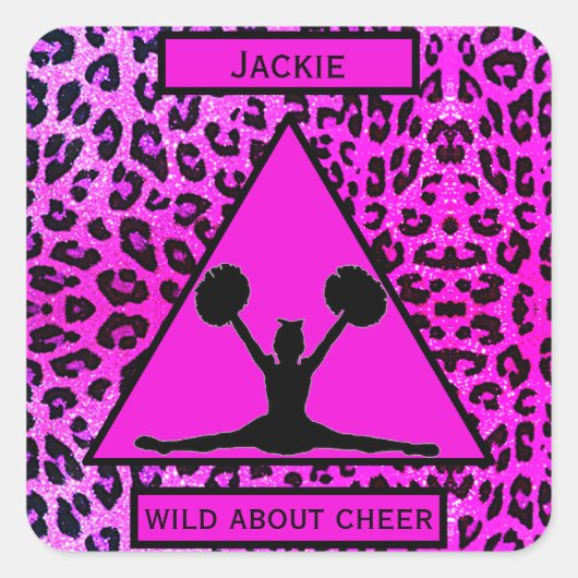 Meisjes "Wild Over Cheer" Roze luipaard Vierkante Sticker (Voorkant)