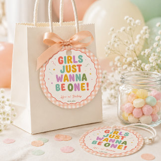 Meisjes willen gewoon één roze gingham 1e verjaard bedankjes labels