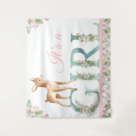 Meisjes Woodland Deer Baby shower Achtergrond Bann Wandkleed (Voorkant)